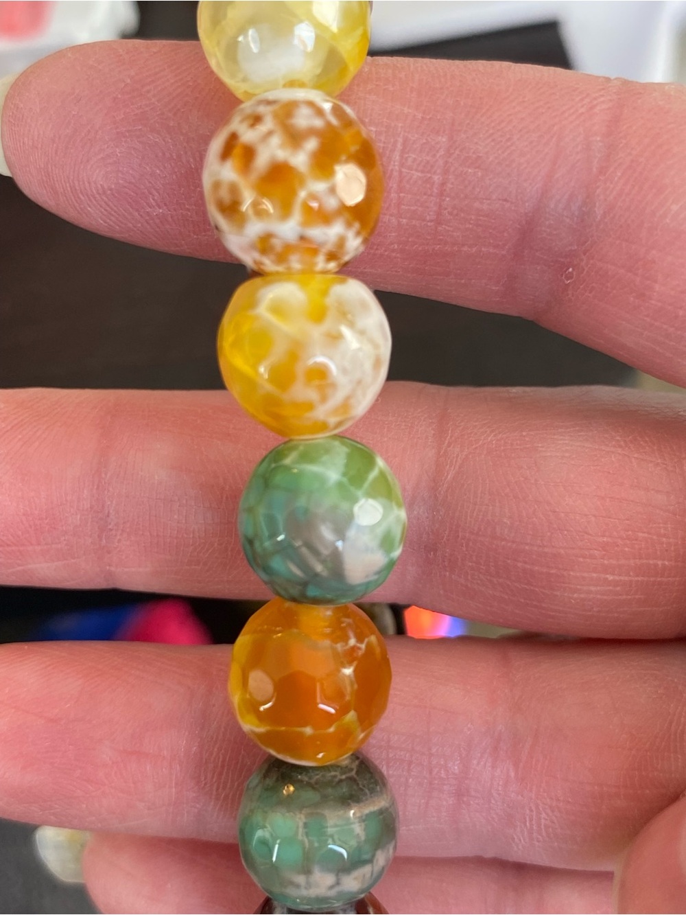 Multicolor Fire/Dragon Vein Agate Beaded Bracelet with a silver 2 side charm - Picture 12 of 17